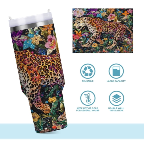 DIXRUYEE Steel Water Bottles Tumbler Creative Leopard in Glittering Garden Pattern 40oz/30oz
