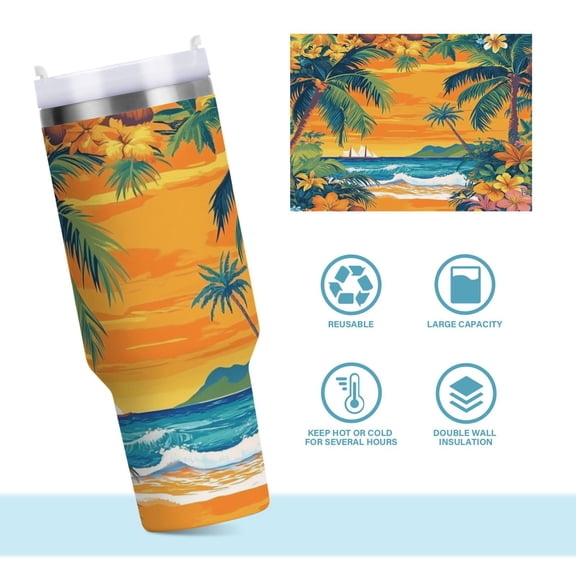 DIXRUYEE Steel Water Bottles Tumbler Creative Tropical Paradise at Dawn Pattern 40oz/30oz