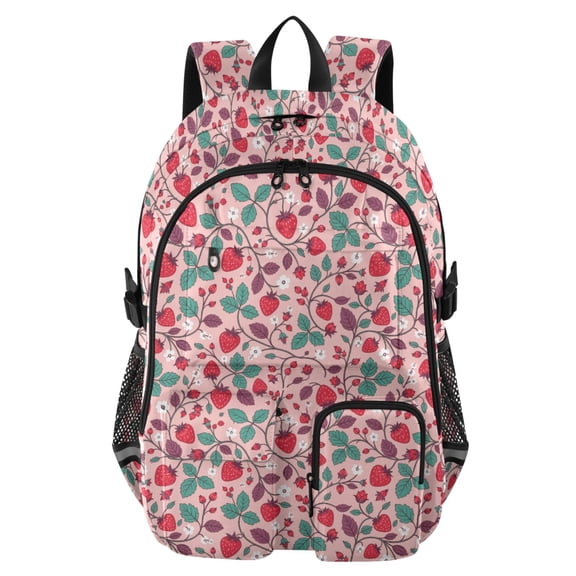 DIXRUYEE Strawberry Leaf Pattern Backpack for School 14Laptop Compatible with Reflective Safety Strips