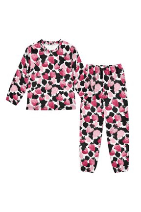 DIXRUYEE Strawberry Leopard Print Pattern Print Coral Fleece Pajama Set Thick Warm Long Sleeve Loungewear with Side Pockets Soft Winter Sleepwear