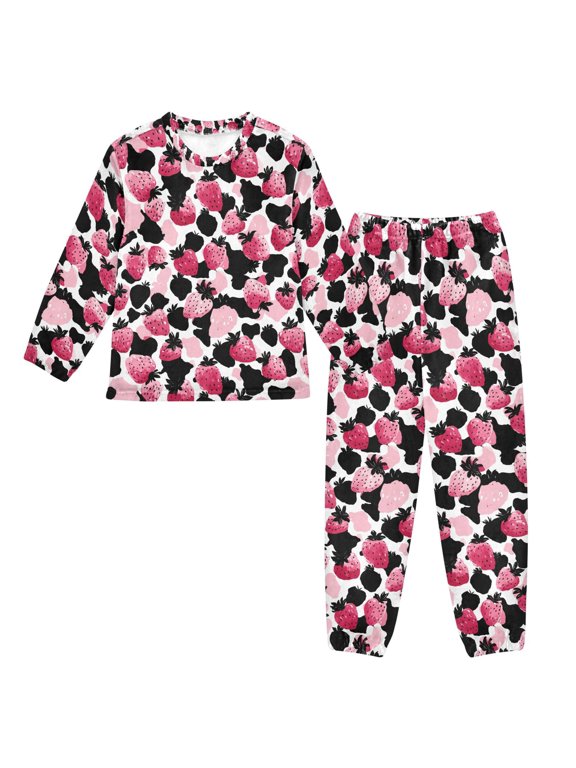 DIXRUYEE Strawberry Leopard Print Pattern Print Coral Fleece Pajama Set Thick Warm Long Sleeve Loungewear with Side Pockets Soft Winter Sleepwear