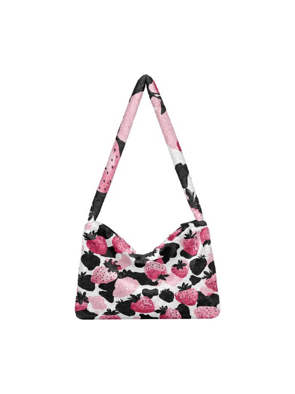 DIXRUYEE Strawberry Leopard Print Pattern Print Plush Shoulder Bag Soft Faux Fluffy Hobo Tote Bag With Zipper Closure Casual Lightweight Crossbody Handbag