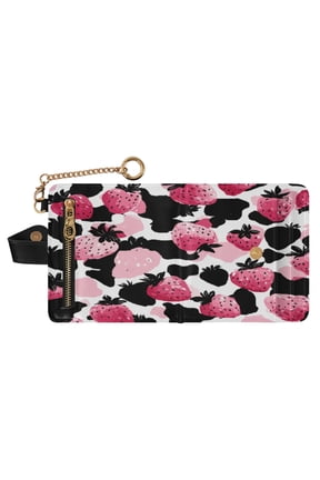 Strawberry Leopard Print Pattern Print RFID Blocking Womens PU Leather Wallet Small Foldable Card Holder Purse with Coin Zipper Pocket & Detachable Chain Wristlet