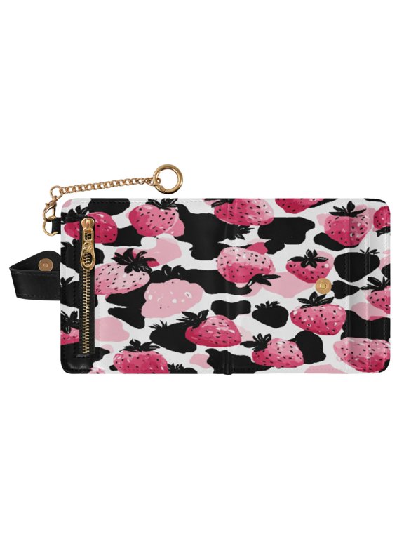 Strawberry Leopard Print Pattern Print RFID Blocking Womens PU Leather Wallet Small Foldable Card Holder Purse with Coin Zipper Pocket & Detachable Chain Wristlet