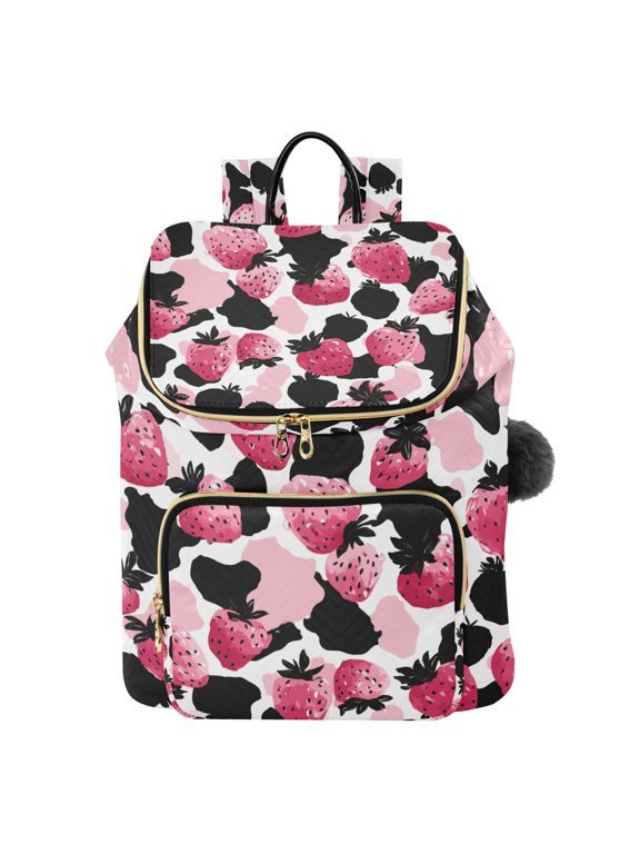 Strawberry Leopard Print Pattern Printed Quilted 14 Inch Laptop Backpack Multi-Pocket Lightweight Daypack with Pom Pom Charm
