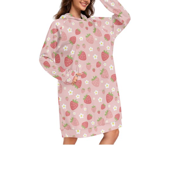 DIXRUYEE Strawberry Print Womens Long Oversized Hoodie Dress Casual Pullover Hooded Sweatshirt Dress with Kangaroo Pocket Loose Streetwear Loungewear