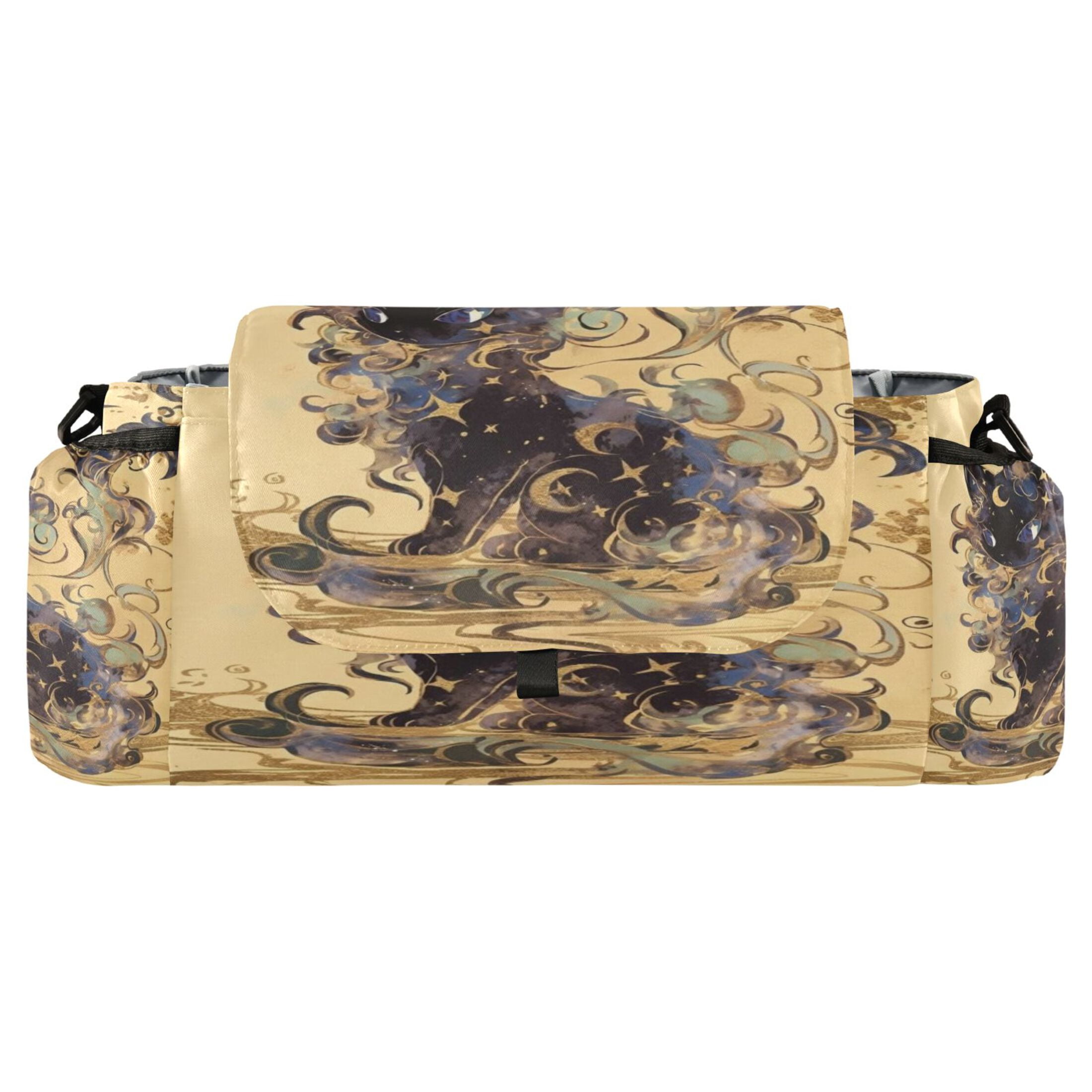 DIXRUYEE Stroller Organizer Mystic Black Cat Amid Golden Whirls Printed