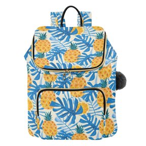 DIXRUYEE Summer Pattern with Pineapple Doodle and Blue Monstera Leaves Vector Illustration Printed Quilted 14 Inch Laptop Backpack Multi-Pocket Lightweight Daypack with Pom Pom Charm