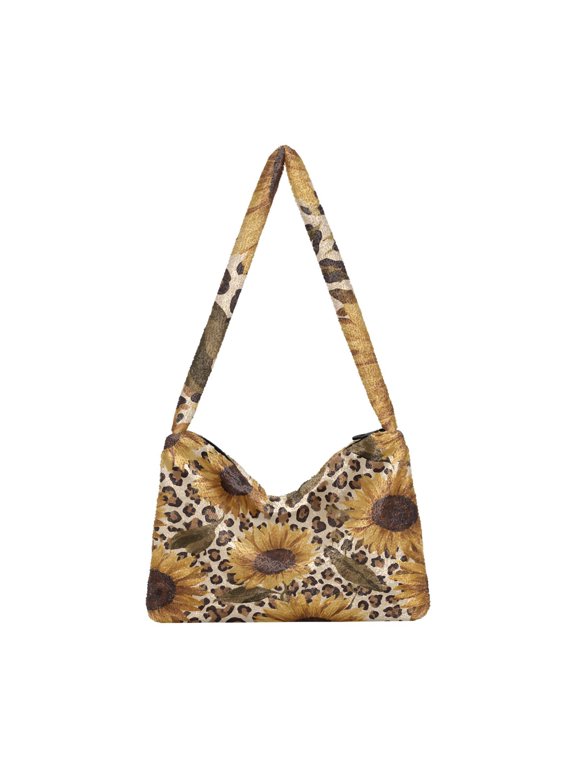 DIXRUYEE Sunflower Leopard Pattern Pattern Print Plush Shoulder Bag Soft Faux Fluffy Hobo Tote Bag With Zipper Closure Casual Lightweight Crossbody Handbag