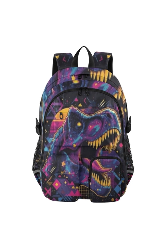 Sunset Cosmic T-rex Backpack for School 14Laptop Compatible with Reflective Safety Strips
