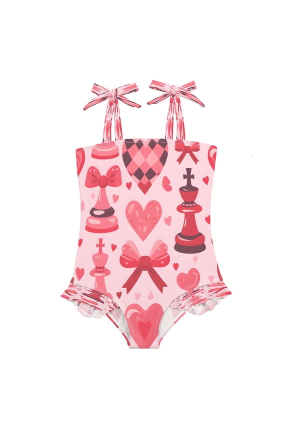 DIXRUYEE Swimsuit One Piece swimwear Chess Pink Heart Bow Pattern of Pattern