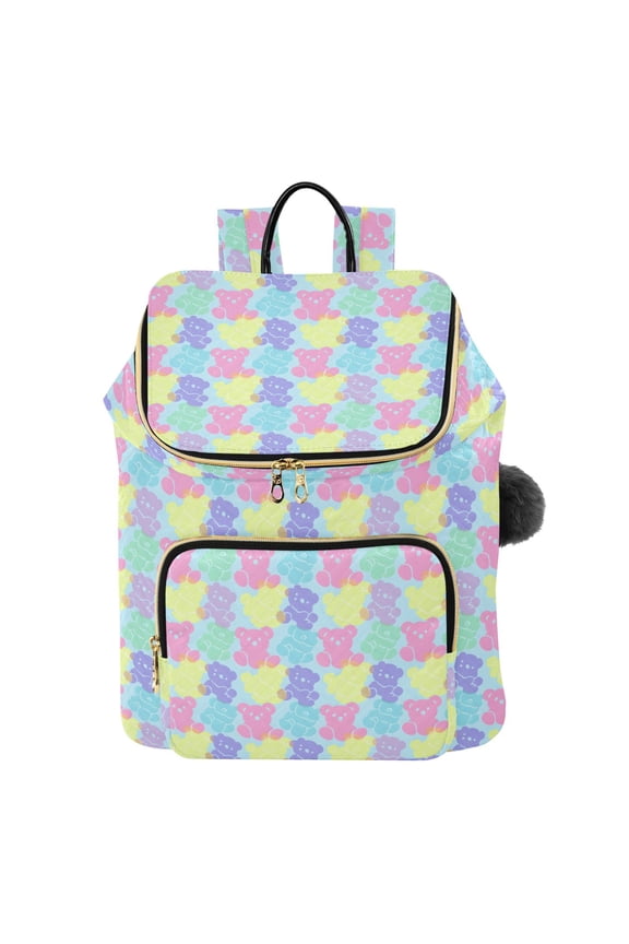 Teddy Bear Silhouette Printed Quilted 14 Inch Laptop Backpack Multi-Pocket Lightweight Daypack with Pom Pom Charm