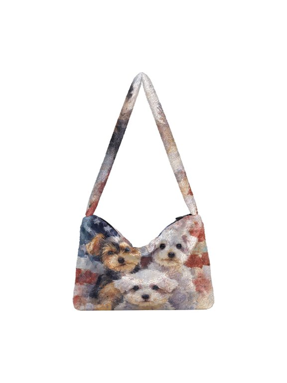 DIXRUYEE Three Puppies and American Flag Print Plush Shoulder Bag Soft Faux Fluffy Hobo Tote Bag With Zipper Closure Casual Lightweight Crossbody Handbag