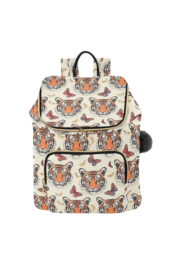 Tiger Heads and Butterfiles Illustration Simplified Pattern Printed Quilted 14 Inch Laptop Backpack Multi-Pocket Lightweight Daypack with Pom Pom Charm