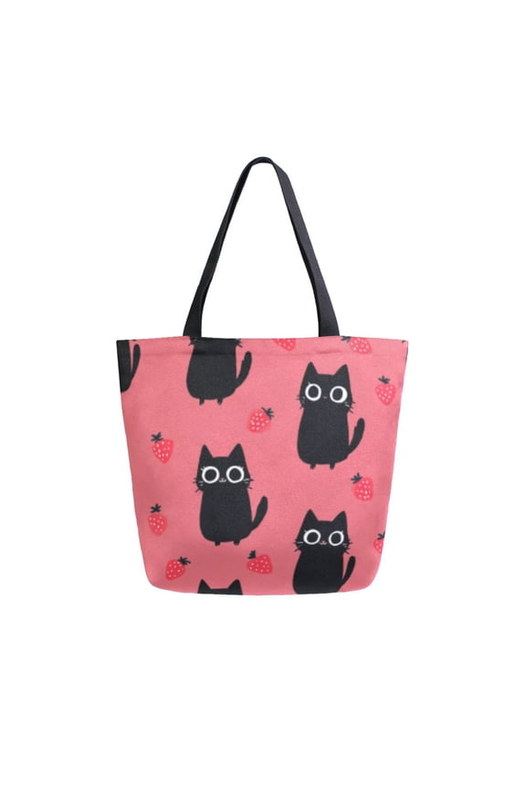 Tote Bag Women Weekender Travel Bag Shoulder Handbag Cat & Strawberry Pink Fun Printed