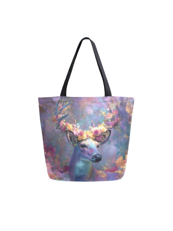 Tote Bag Women Weekender Travel Bag Shoulder Handbag Deer with Blossoms Printed