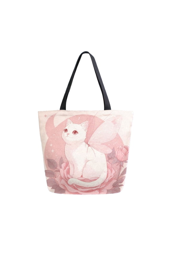 Tote Bag Women Weekender Travel Bag Shoulder Handbag Fairy Cat in Pink Bloom Printed