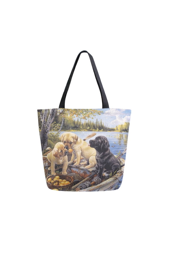 Tote Bag Women Weekender Travel Bag Shoulder Handbag Puppies on A Lake Adventure Printed