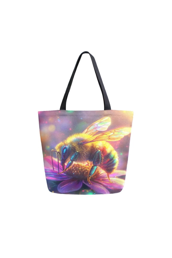 Tote Bag Women Weekender Travel Bag Shoulder Handbag Radiant Bee Amidst Colorful Blossoms Printed
