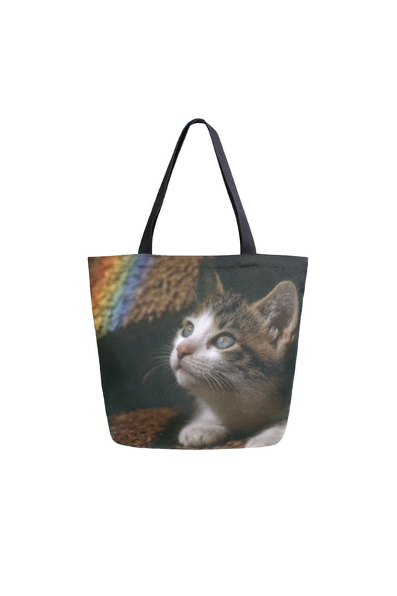 Tote Bag Women Weekender Travel Bag Shoulder Handbag Rainbow - Gazing Kitten Printed