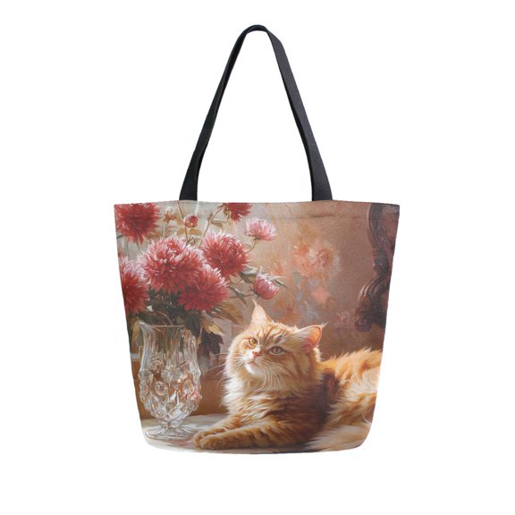 DIXRUYEE Tote Bag Women Weekender Travel Bag Shoulder Handbag Sunkissed Feline and Blossoms Printed