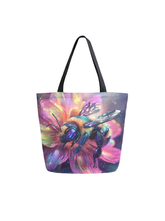 Tote Bag Women Weekender Travel Bag Shoulder Handbag Vibrant Bee on A Radiant Bloom Printed