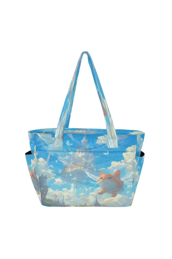 Tote Handbags Casual Shoulderbags In Winged Cat and Sky Castle Pattern