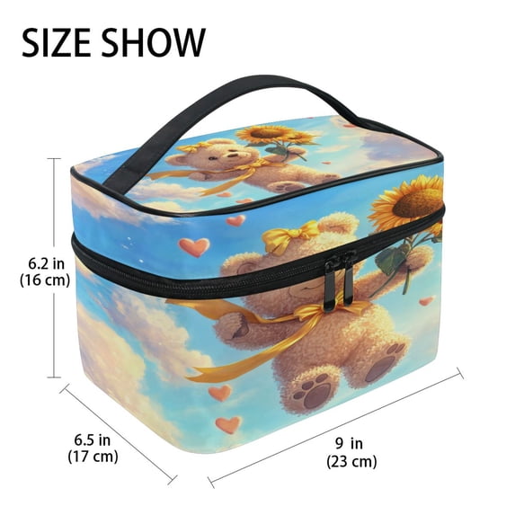 DIXRUYEE Train Case Cosmetics Organizer Fashion Bear with Sunflowers Printed Size: 9x6.2x6.5 in
