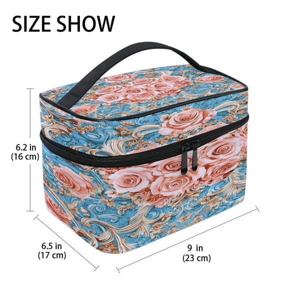 DIXRUYEE Train Case Cosmetics Organizer Fashion Blush Roses on Aqua Printed Size: 9x6.2x6.5 in