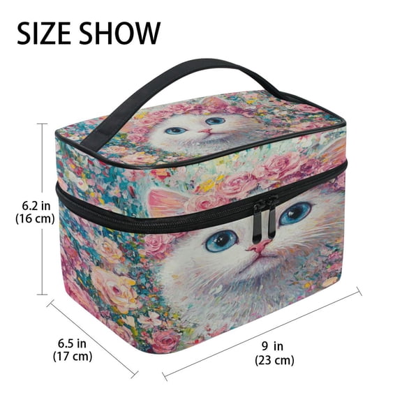 DIXRUYEE Train Case Cosmetics Organizer Fashion Cat Surrounded by Pink Roses Printed Size: 9x6.2x6.5 in