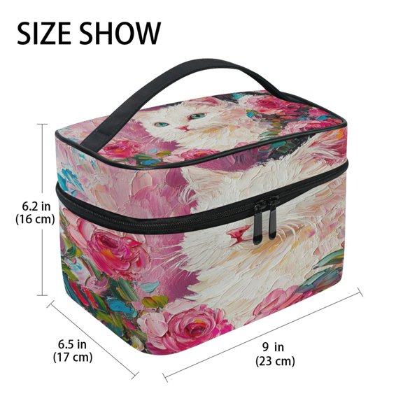 DIXRUYEE Train Case Cosmetics Organizer Fashion Cat Surrounded by Rose Printed Size: 9x6.2x6.5 in