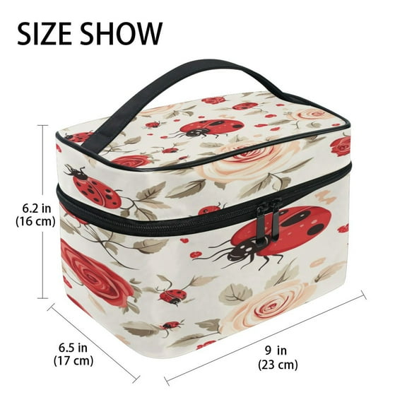DIXRUYEE Train Case Cosmetics Organizer Fashion Ladybug Roses Printed Size: 9x6.2x6.5 in