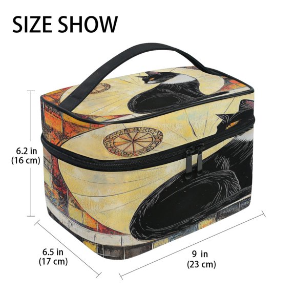 DIXRUYEE Train Case Cosmetics Organizer Fashion Mystical Black Cat at Dawn Printed Size: 9x6.2x6.5 in
