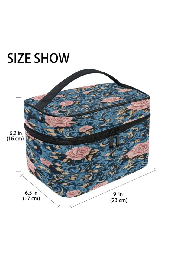 Train Case Cosmetics Organizer Fashion Timeless Roses on Azure Printed Size: 9x6.2x6.5 in