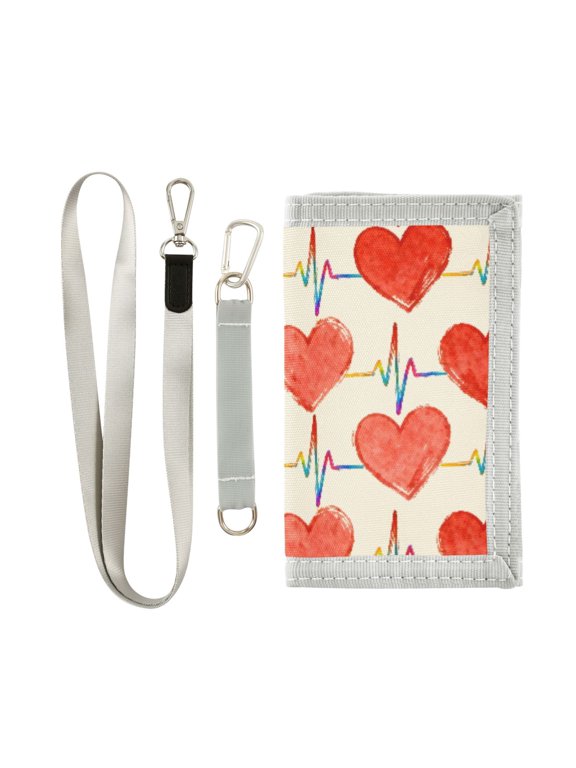 Trifold Wallet with Detachable Lanyard Wrist Heart Colored Thread Print MultiSlot Coin Purse with Keyring ID Badge Holder for Cash Cards Coins