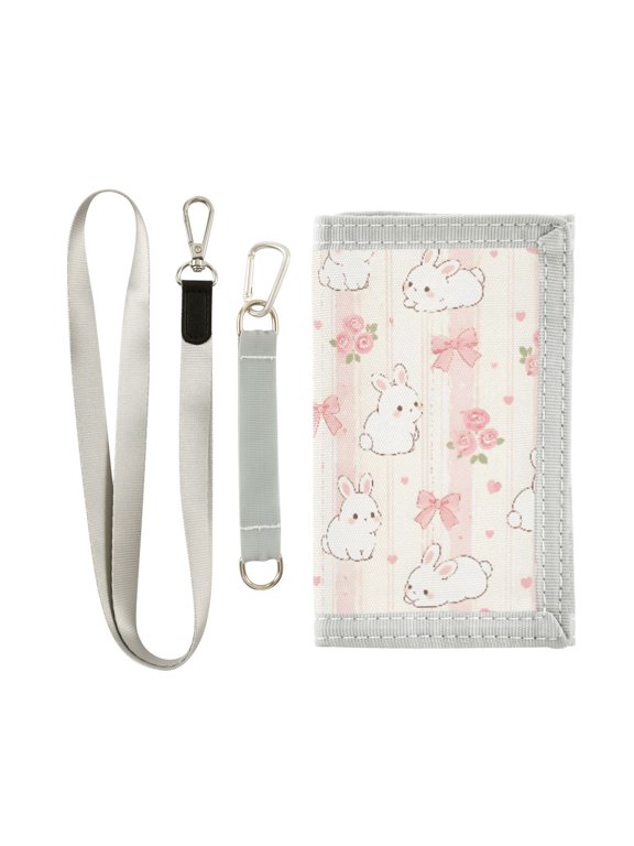 Trifold Wallet with Detachable Lanyard Wrist Pink Striped Rabbit Pattern Print MultiSlot Coin Purse with Keyring ID Badge Holder for Cash Cards Coins