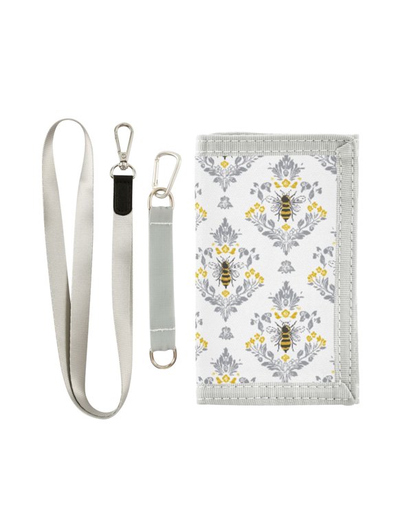Trifold Wallet with Detachable Lanyard Wrist Small Bees Flying Pattern Print MultiSlot Coin Purse with Keyring ID Badge Holder for Cash Cards Coins