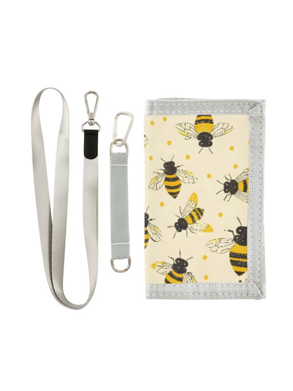 Trifold Wallet with Detachable Lanyard Wrist Bee Retro Print MultiSlot Coin Purse with Keyring ID Badge Holder for Cash Cards Coins