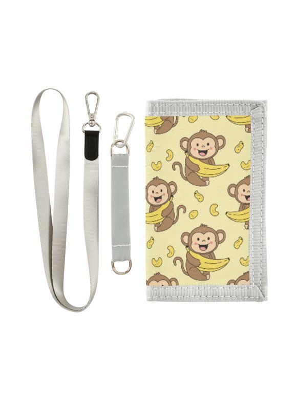 Trifold Wallet with Detachable Lanyard Wrist Monkey Bananas Print MultiSlot Coin Purse with Keyring ID Badge Holder for Cash Cards Coins