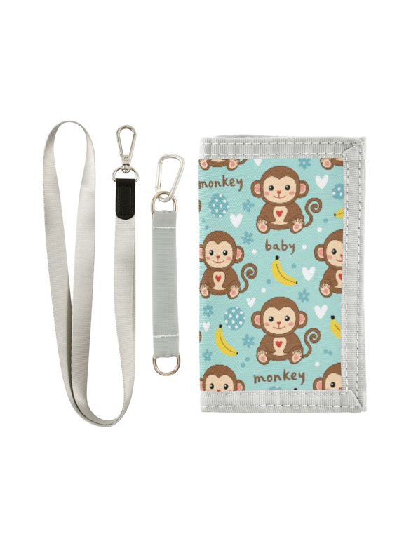 Trifold Wallet with Detachable Lanyard Wrist Monkey Bananas Print MultiSlot Coin Purse with Keyring ID Badge Holder for Cash Cards Coins