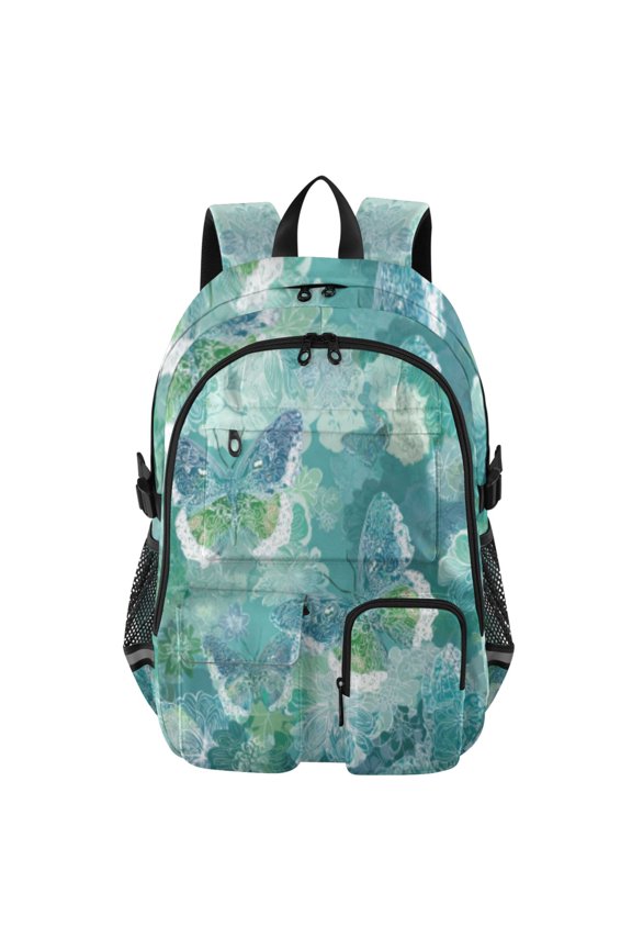 Turquoise Butterfly Reverie Backpack for School 14Laptop Compatible with Reflective Safety Strips