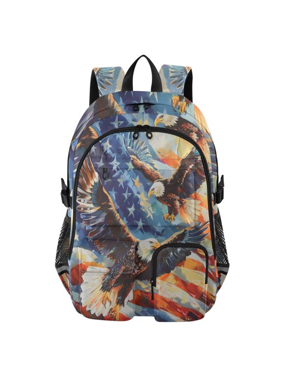 Two Sea Eagles American Flag Blue Sky Backpack for School 14”Laptop Compatible with Reflective Safety Strips