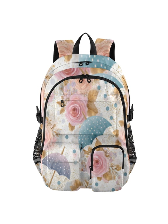 Umbrella & Blush Petals Backpack for School 14Laptop Compatible with Reflective Safety Strips