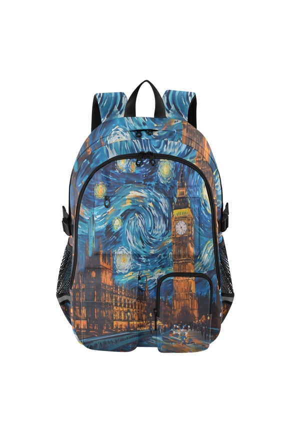 Van Gogh's Starry Night London's Big Ben Backpack for School 14Laptop Compatible with Reflective Safety Strips