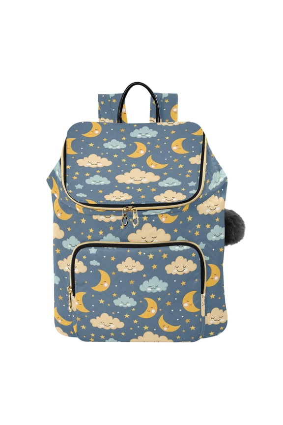 Vector Seamless Childish Pattern with Moons Stars and Clouds Printed Quilted 14 Inch Laptop Backpack Multi-Pocket Lightweight Daypack with Pom Pom Charm