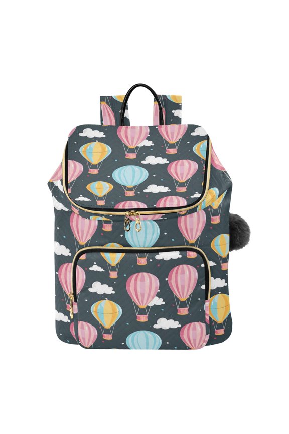 Vector Seamless Pattern with Colorful Air Balloon in The Sky Printed Quilted 14 Inch Laptop Backpack Multi-Pocket Lightweight Daypack with Pom Pom Charm