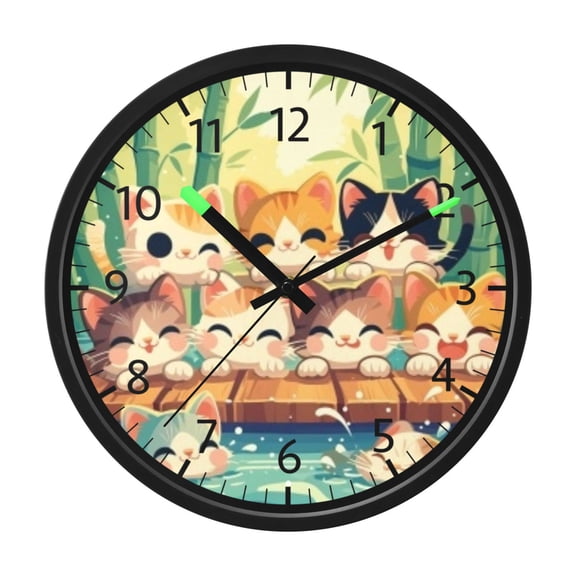 DIXRUYEE Voice Activated LED Night 12in Clock with Bamboo Edge Cats and Fishes Pattern