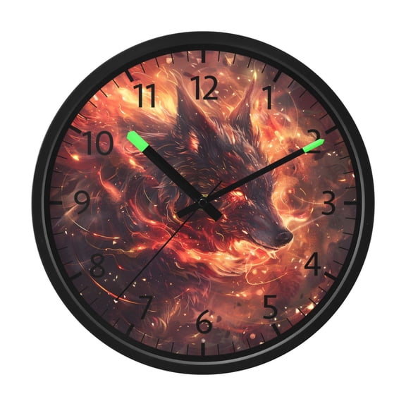 DIXRUYEE Voice Activated LED Night 12in Clock with Black Wolf Flame Dream Pattern