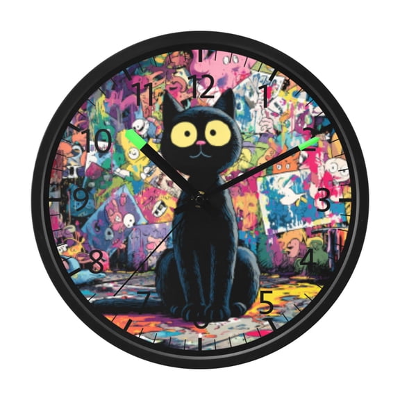 DIXRUYEE Voice Activated LED Night 12in Clock with Noir Cat Neon City Pattern