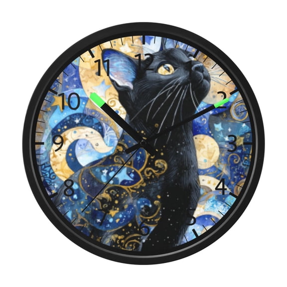 DIXRUYEE Voice Activated LED Night 12in Clock with Starry-eyed Feline in A Cosmic Mosaic Pattern